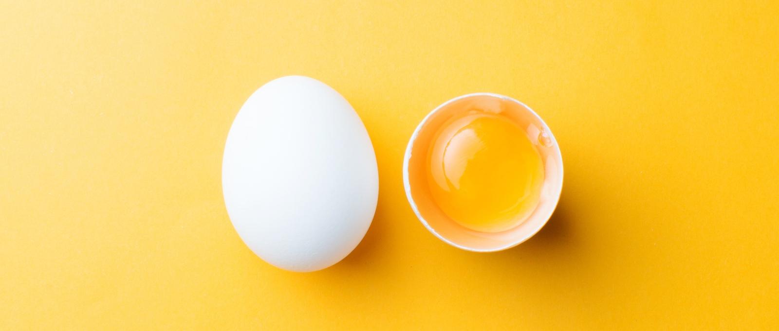 White egg and egg yolk on yellow background.