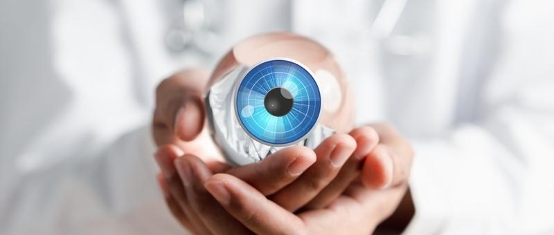 Hands in white medical coat holding a realistic model of a blue eye with detailed iris against a light background.