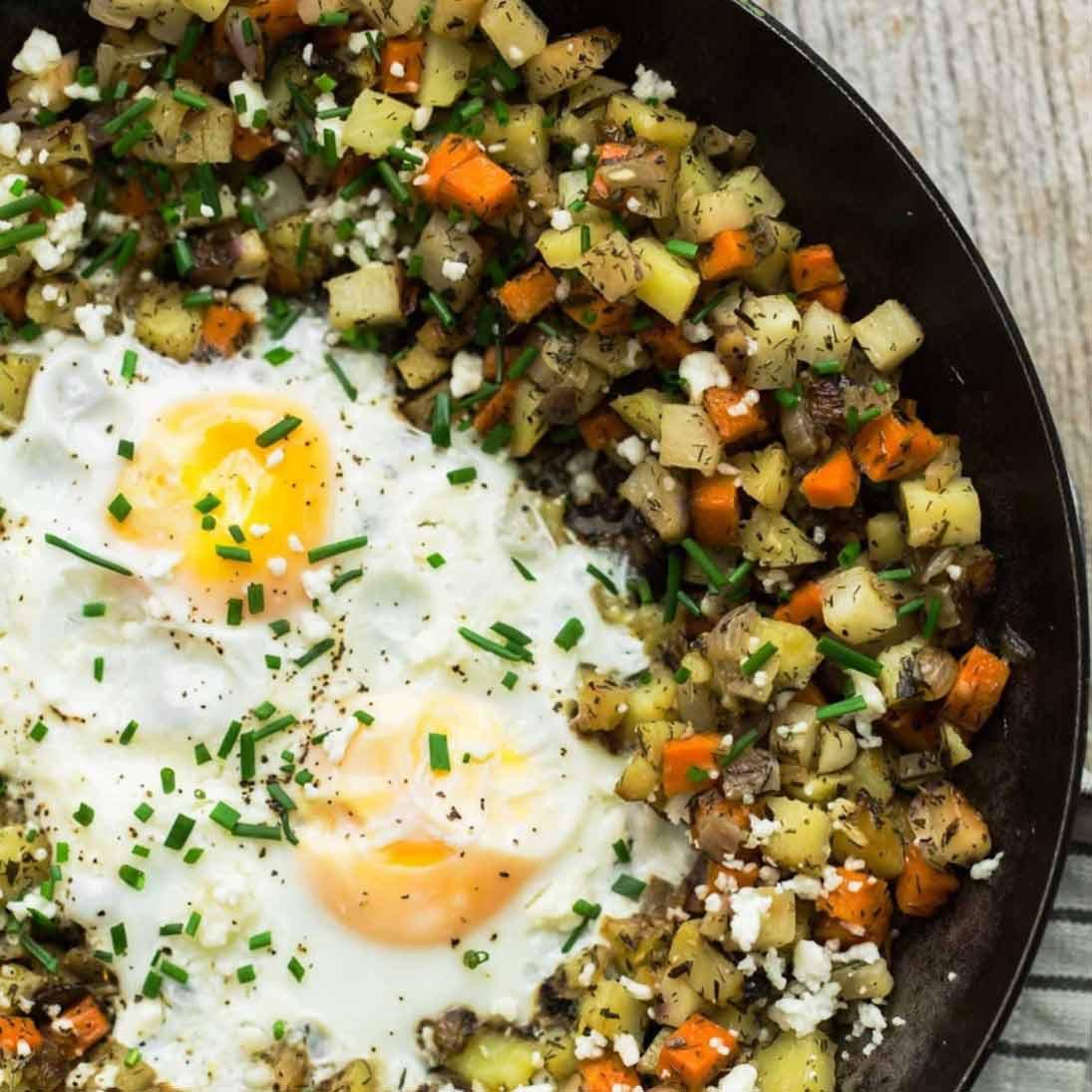 Root vegetable hash egg skillet